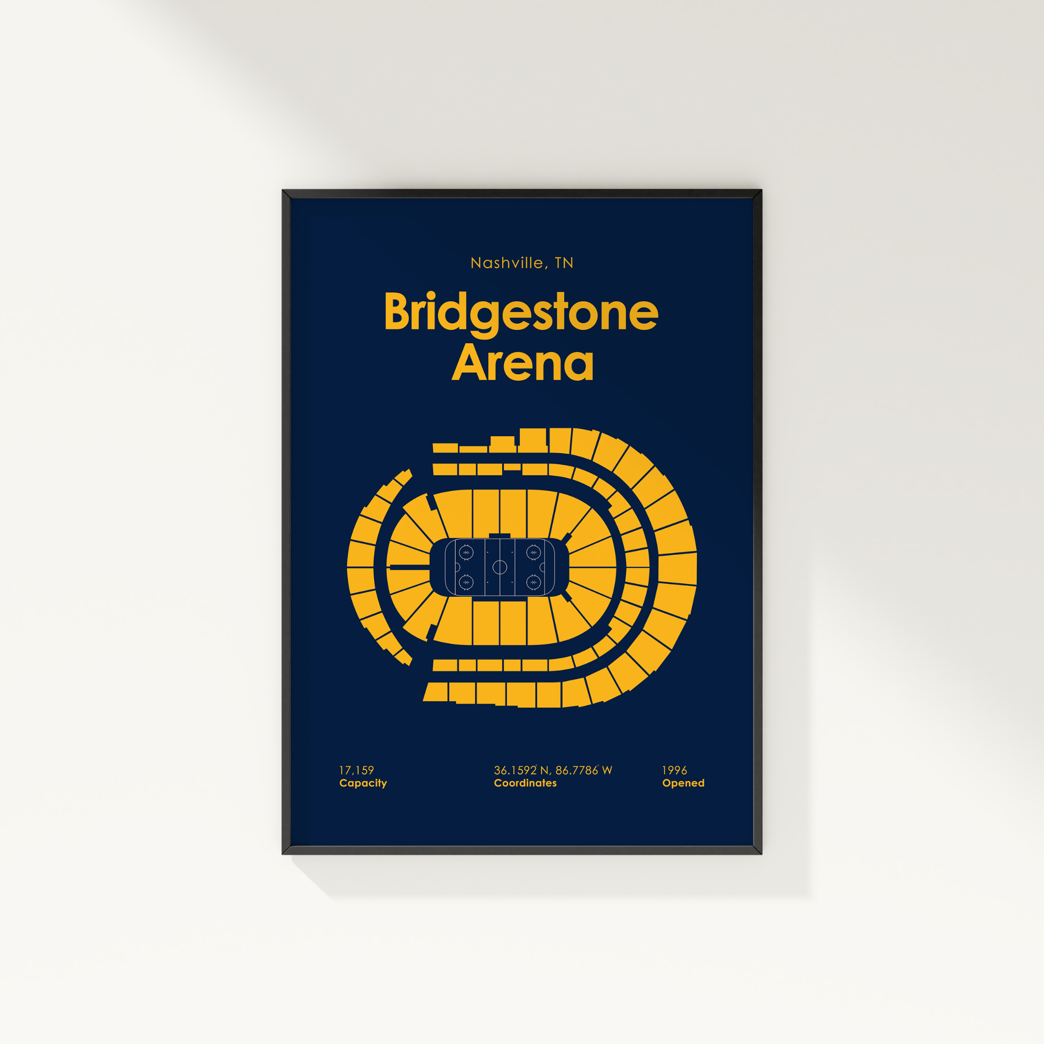 Framed poster of Bridgestone Arena in Nashville, TN with yellow text and design on a blue background.