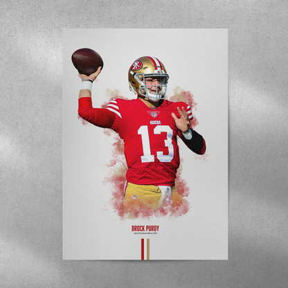 poster mockup of football player brock purdy on a grey wall