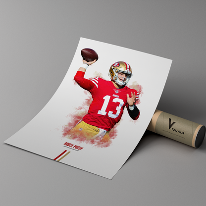 poster mockup of football player brock purdy leaning on a protective carboard tube