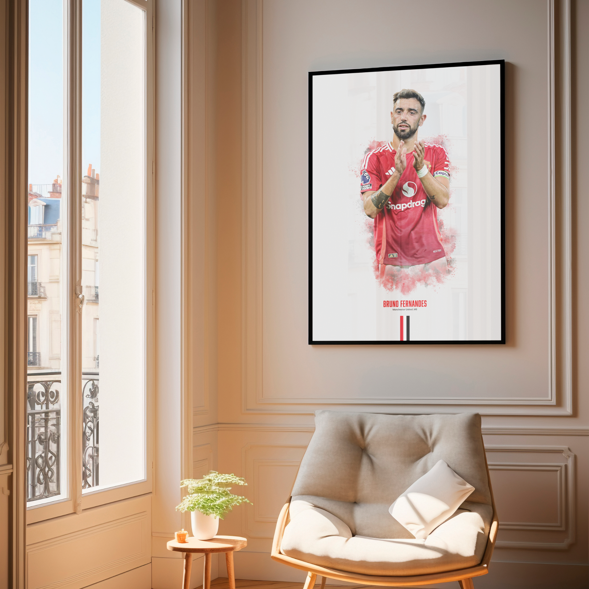 framed poster mockup of soccer player bruno fernandes hanging in a living room