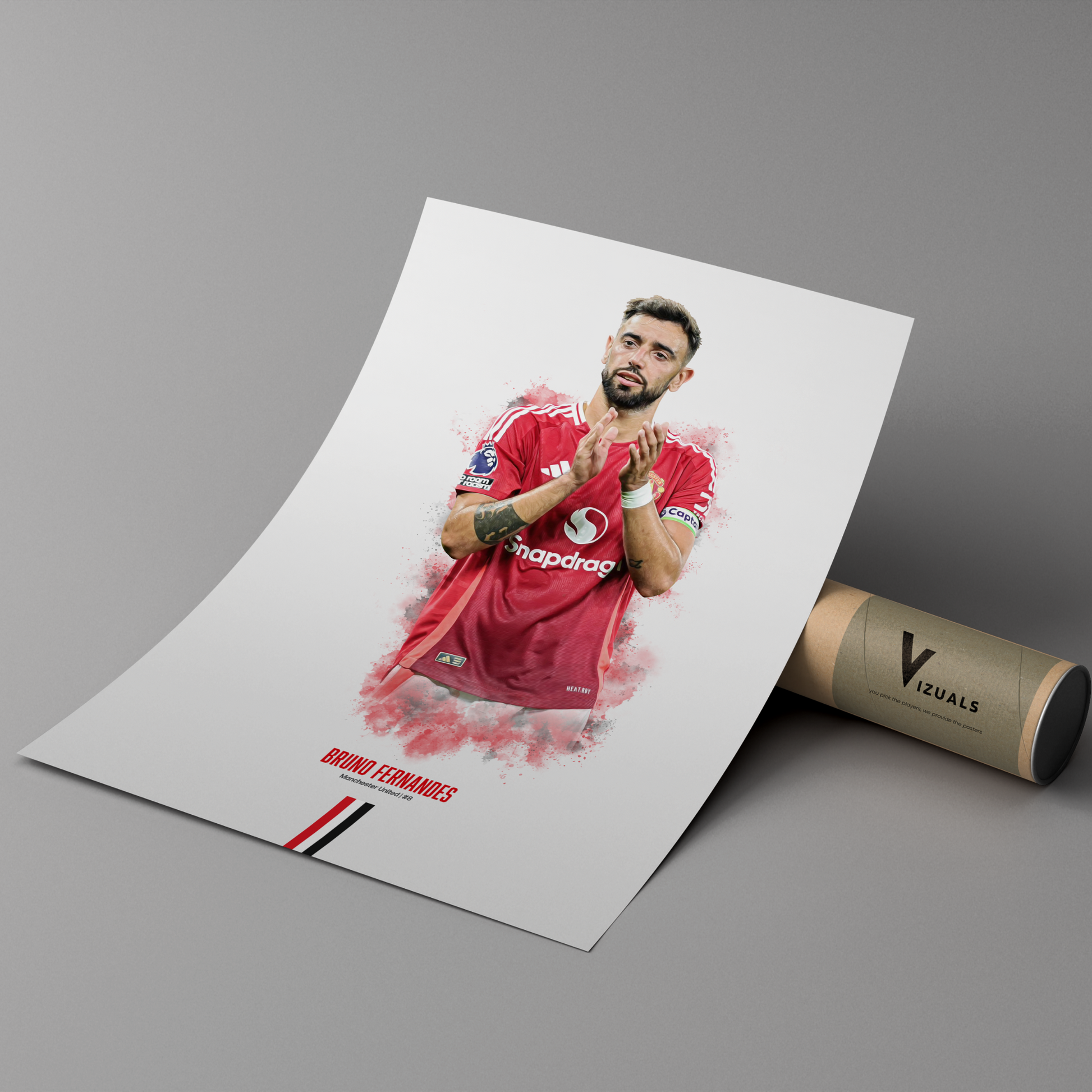 poster mockup of soccer player bruno fernandes leaning on a cardboard tube