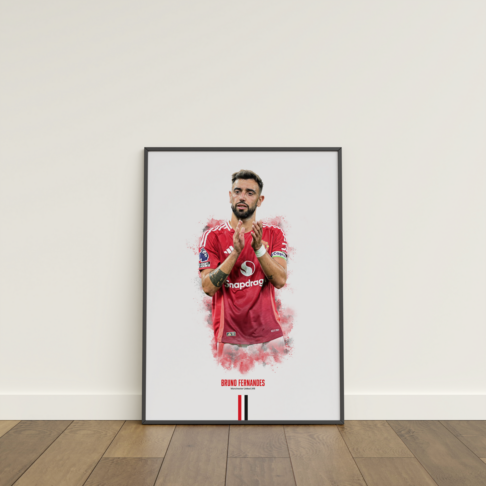 framed poster mockup of soccer player bruno fernandes leaning on a white wall