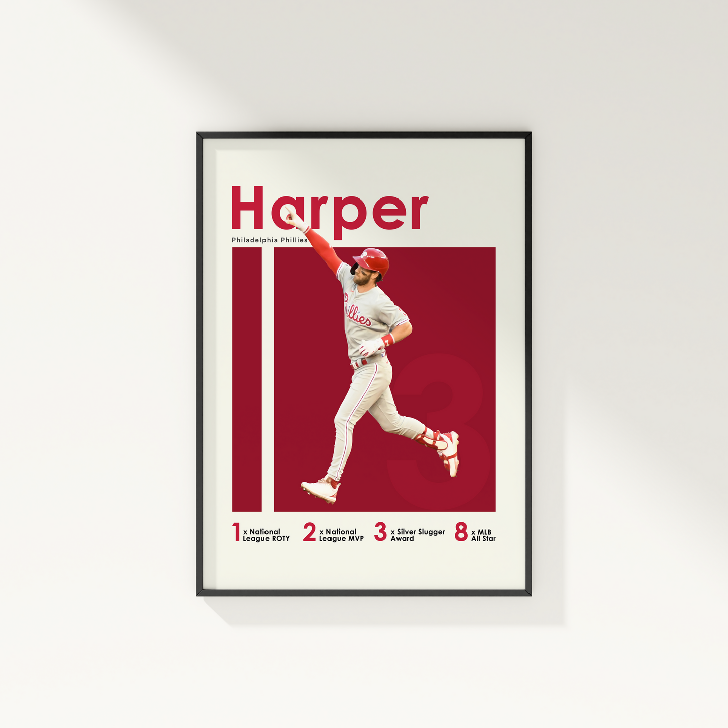 framed poster mockup of baseball player bryce harper hanging on a white wall