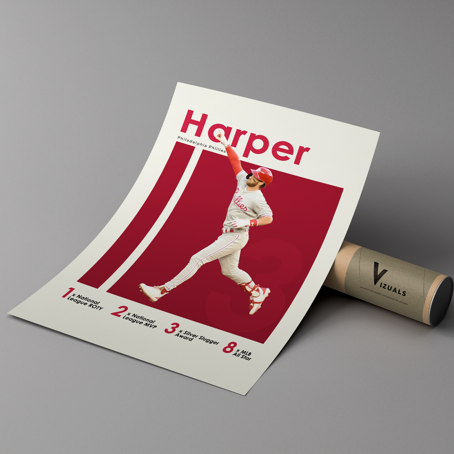 poster mockup of baseball player bryce harper leaning on a protective cardboard tube