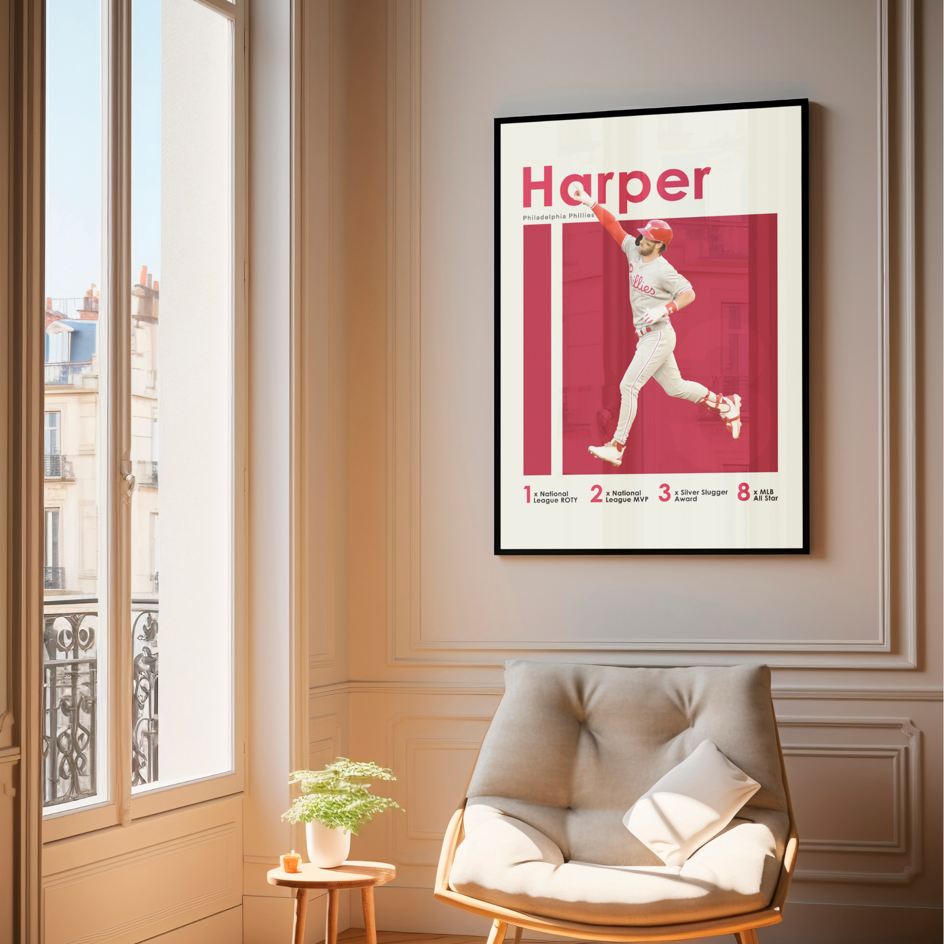 framed poster mockup of baseball player bryce harper hanging in a living room