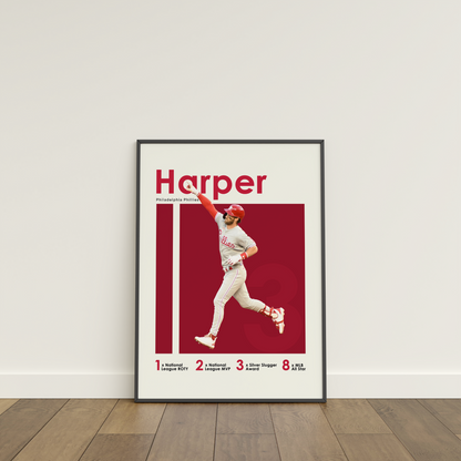 framed poster mockup of baseball player bryce harper leaning on a white wall