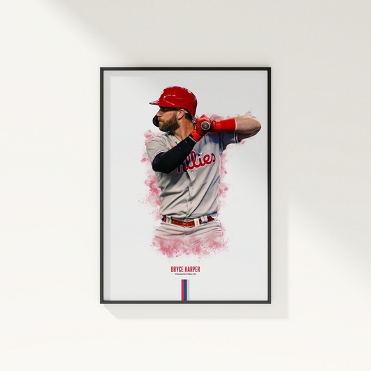 framed poster mockup of baseball player bryce harper hanging on a white wall