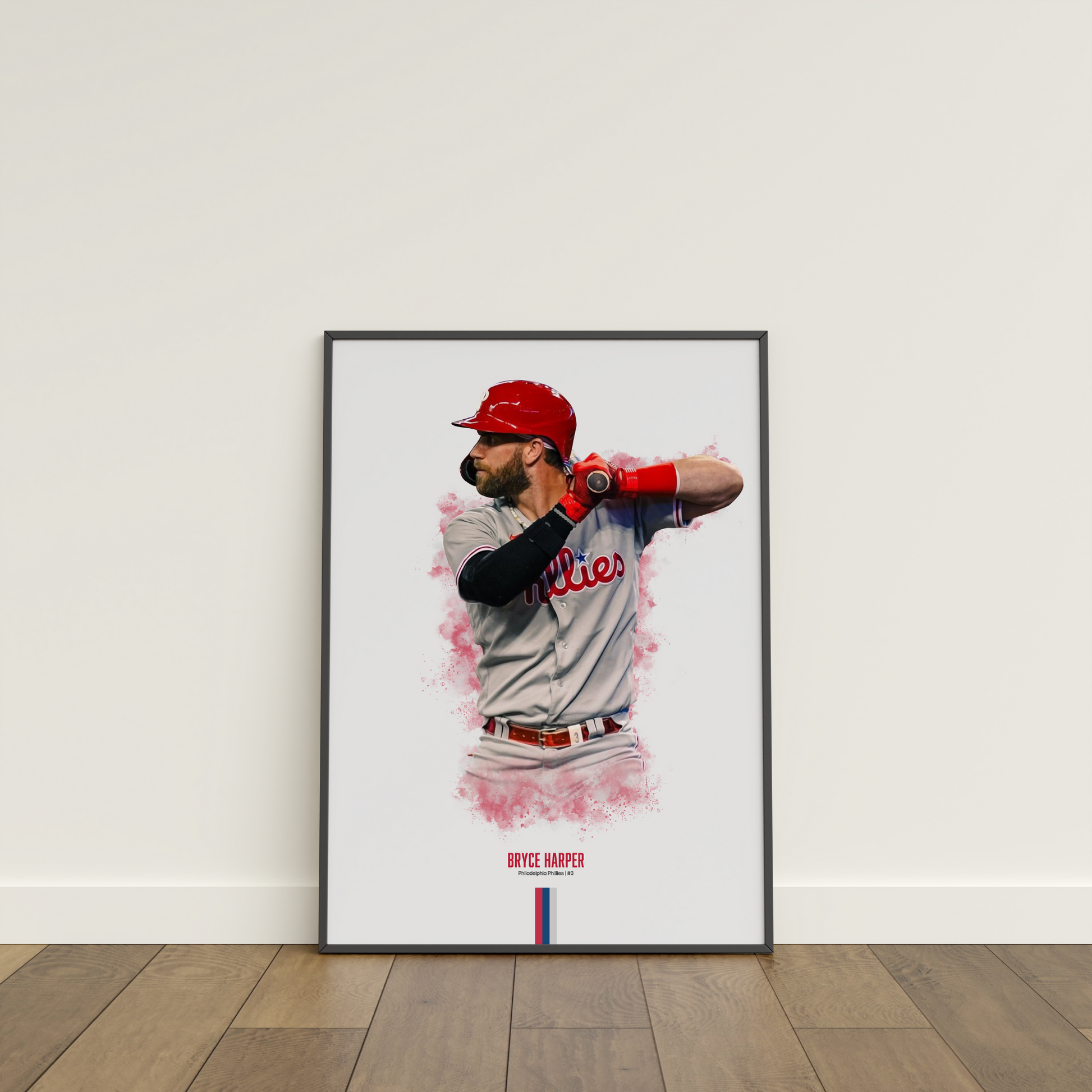 framed poster mockup of baseball player bryce harper leaning on a white wall