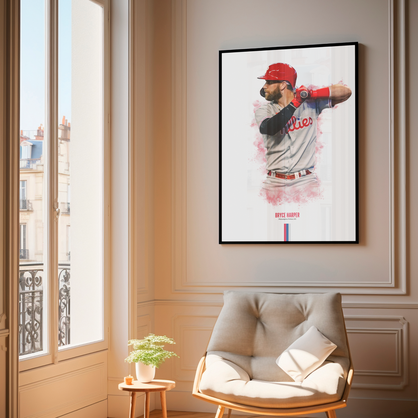 framed poster mockup of baseball player bryce harper hanging in a living room