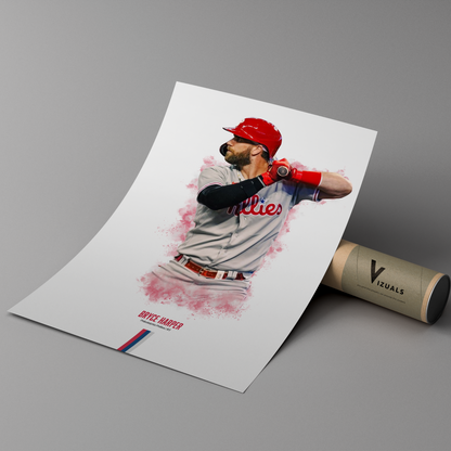 framed poster mockup of baseball player bryce harper leaning on a protective cardboard tube