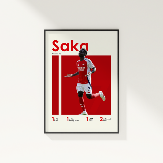 framed poster mockup of soccer player bukayo saka hanging on a white wall