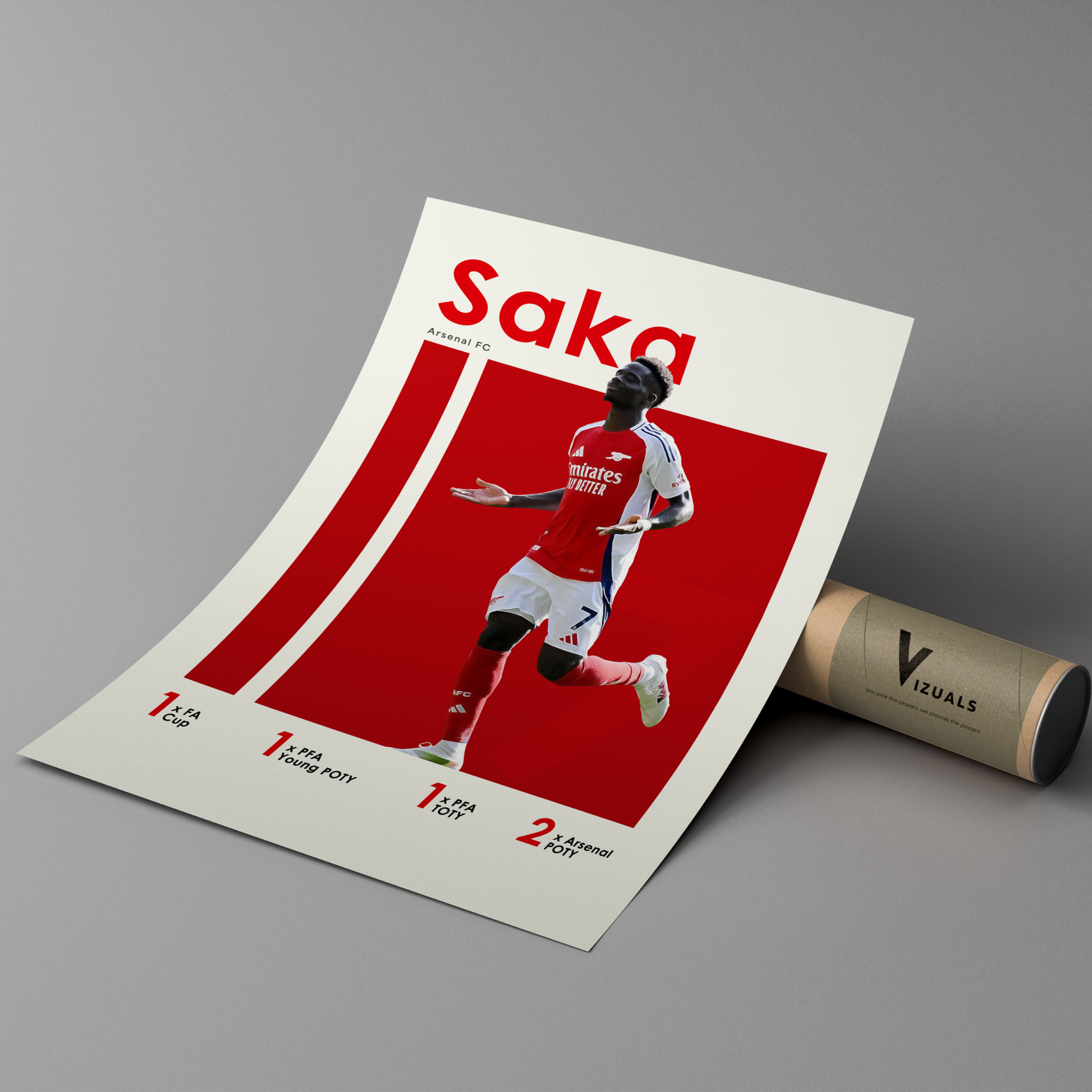 poster mockup of soccer player bukayo saka leaning on a cardboard tube