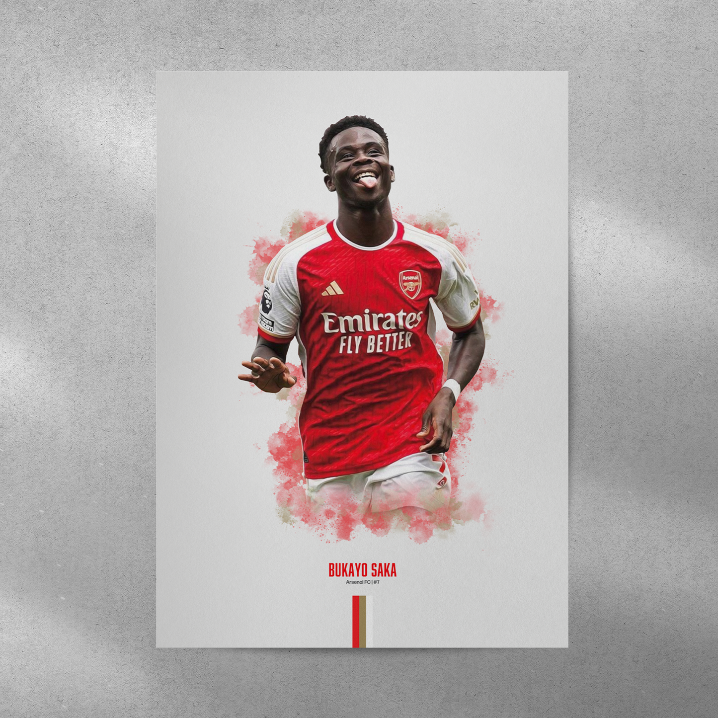 poster mockup of soccer player bukayo saka on a grey wall