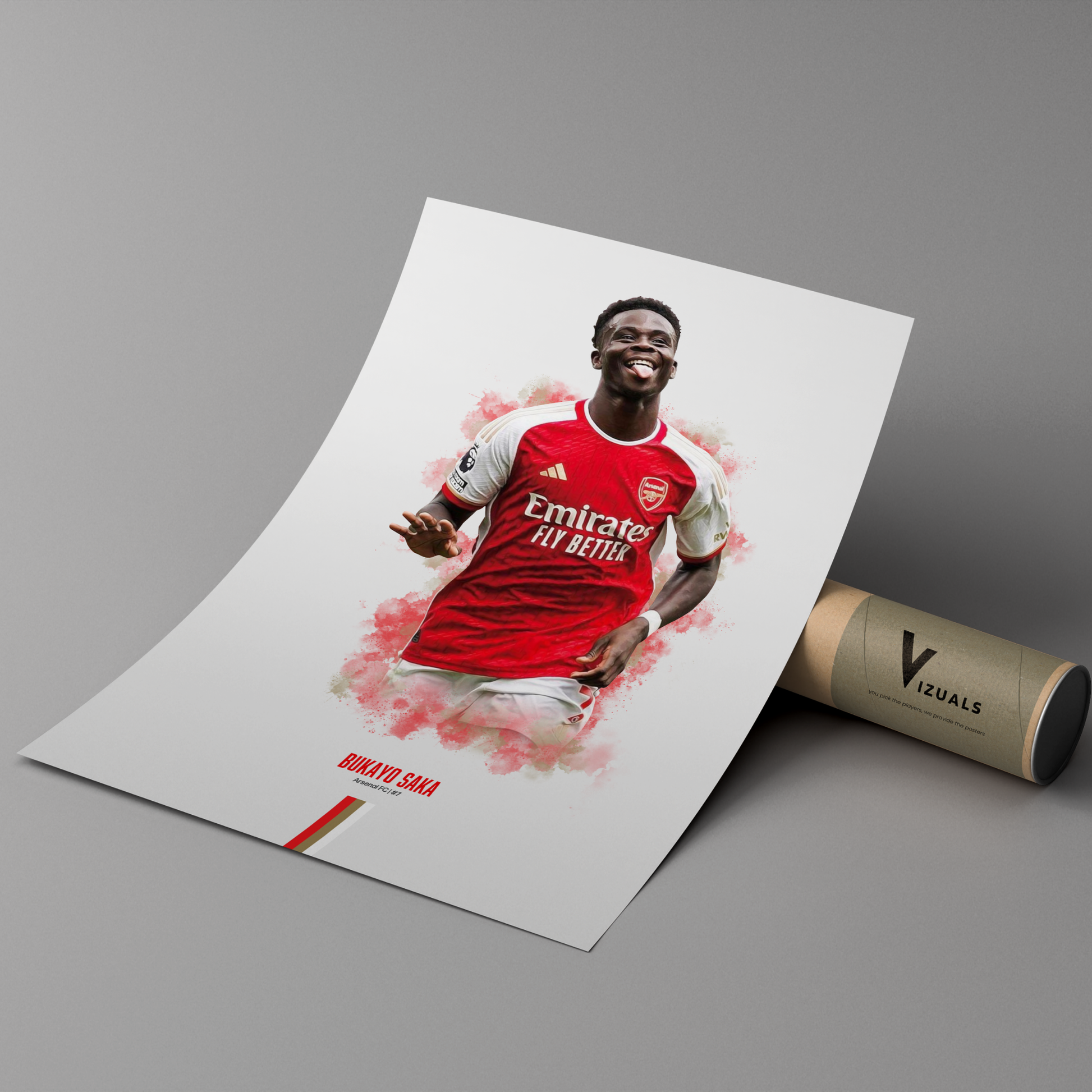 poster mockup of soccer player bukayo saka leaning on a cardboard tube