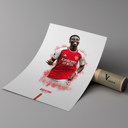 poster mockup of soccer player bukayo saka leaning on a cardboard tube