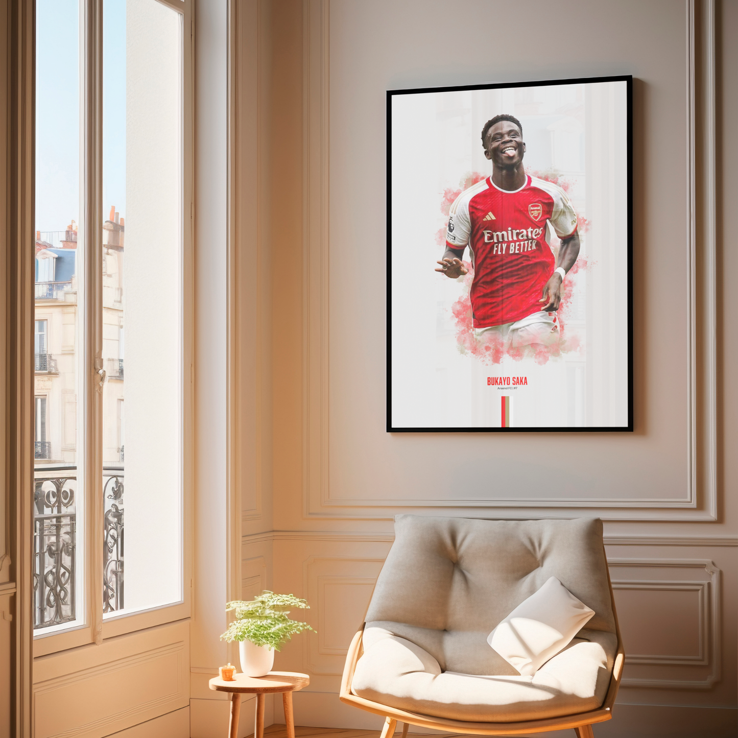 framed poster mockup of soccer player bukayo saka hanging in a living room