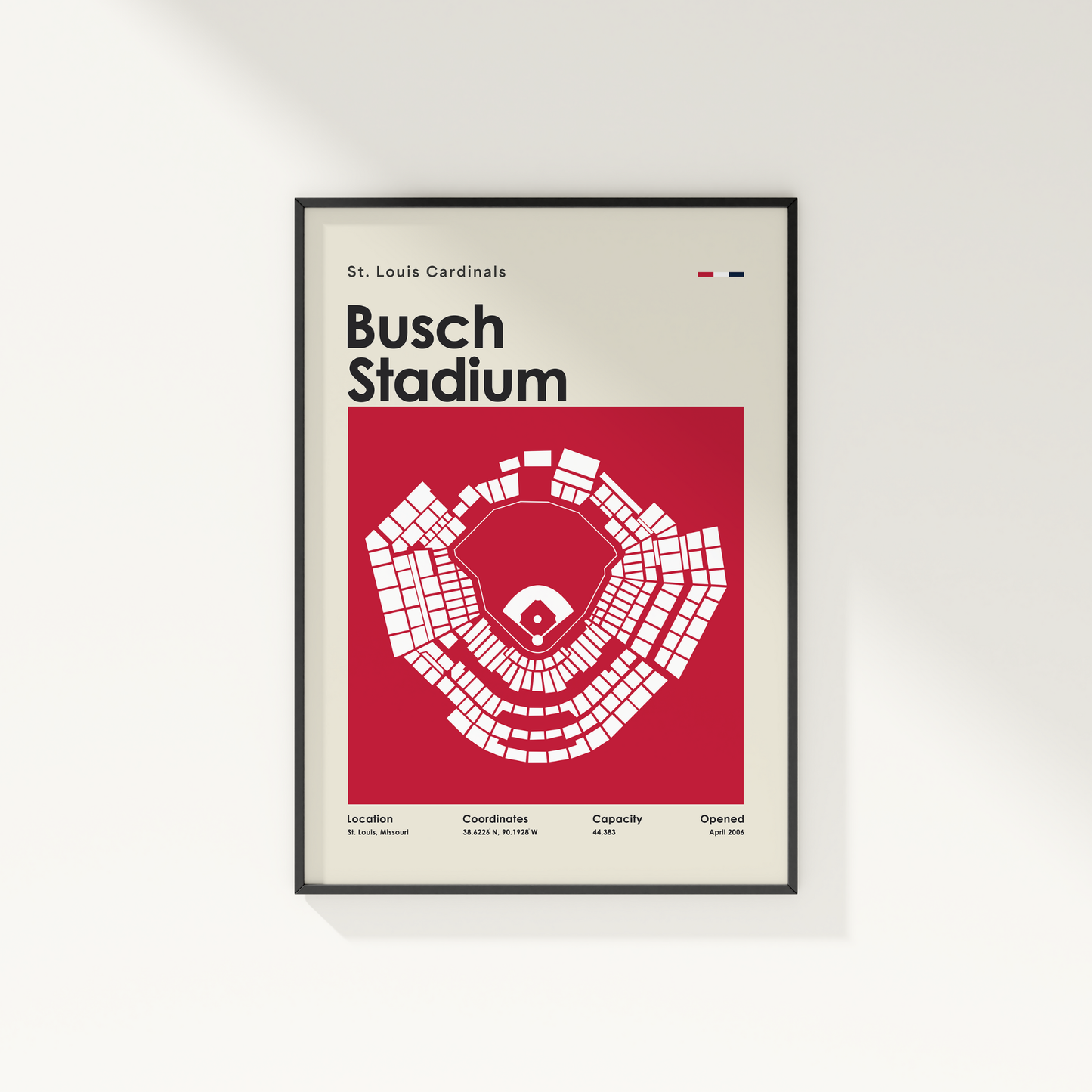 Framed poster of Busch Stadium layout with St. Louis Cardinals text on a white background