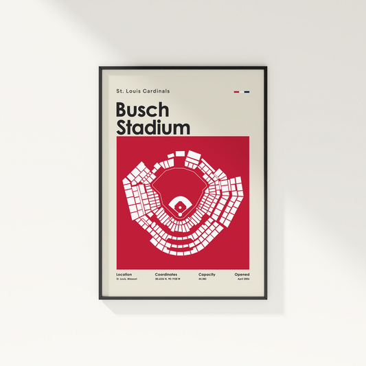 Framed poster of Busch Stadium layout with St. Louis Cardinals text on a white background