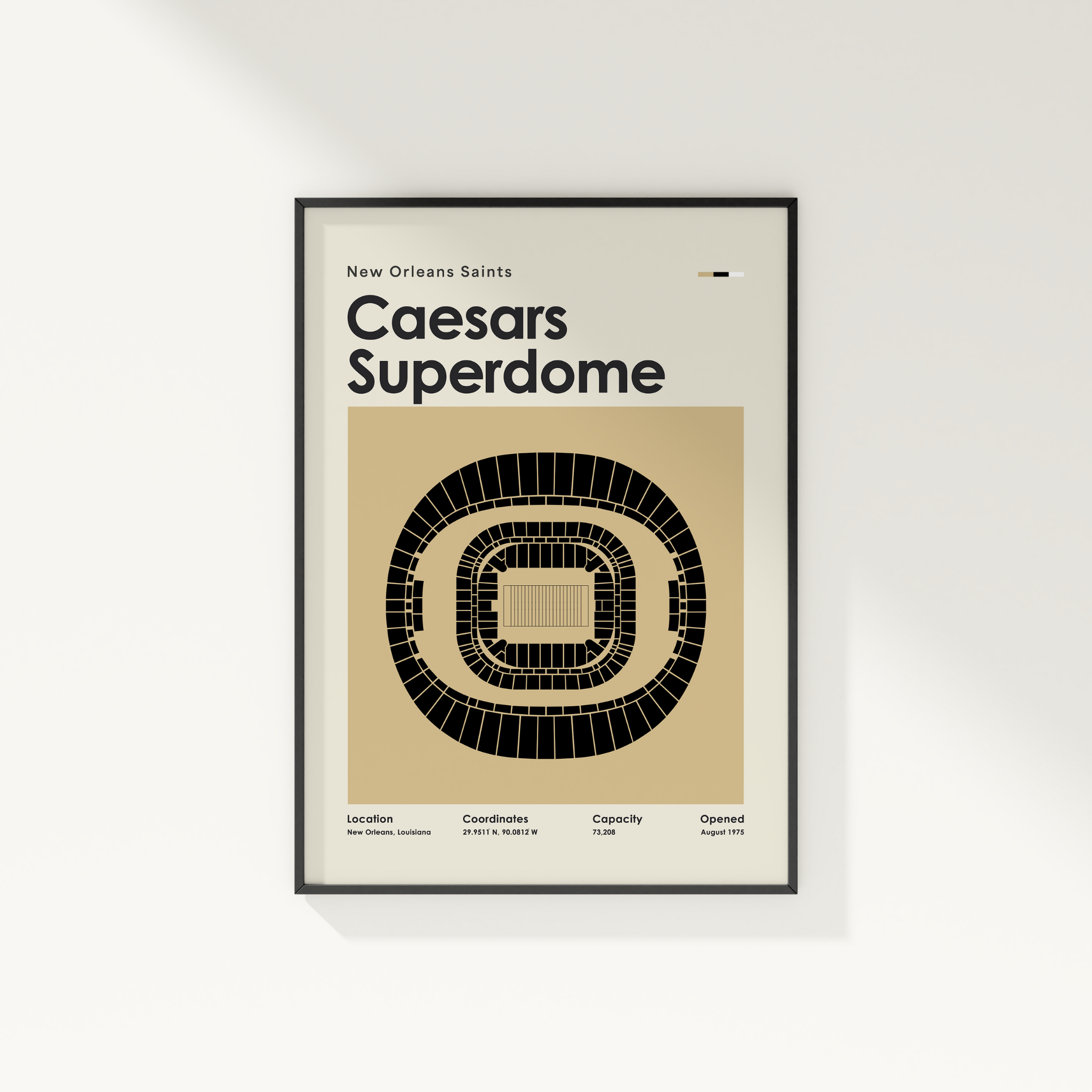 Framed poster of Caesars Superdome layout with New Orleans Saints text on a beige background.