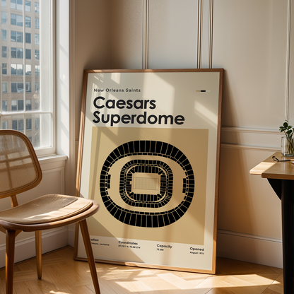 Poster of Caesars Superdome in a room with a chair and table.
