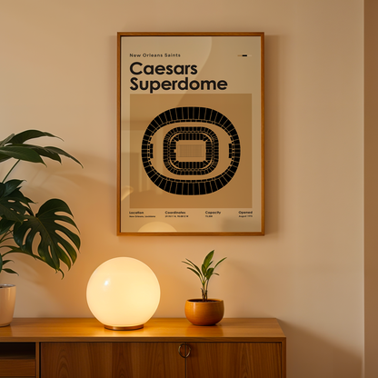 Framed poster of Caesars Superdome on a wall above a wooden cabinet with decorative items.