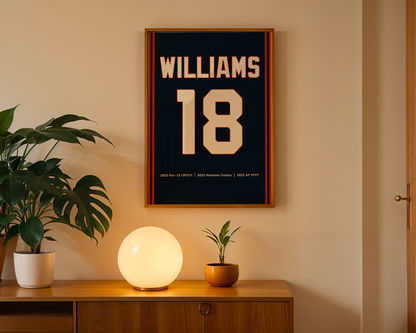 Framed poster with 'Williams 18' on a wall above a wooden cabinet with decorative items.