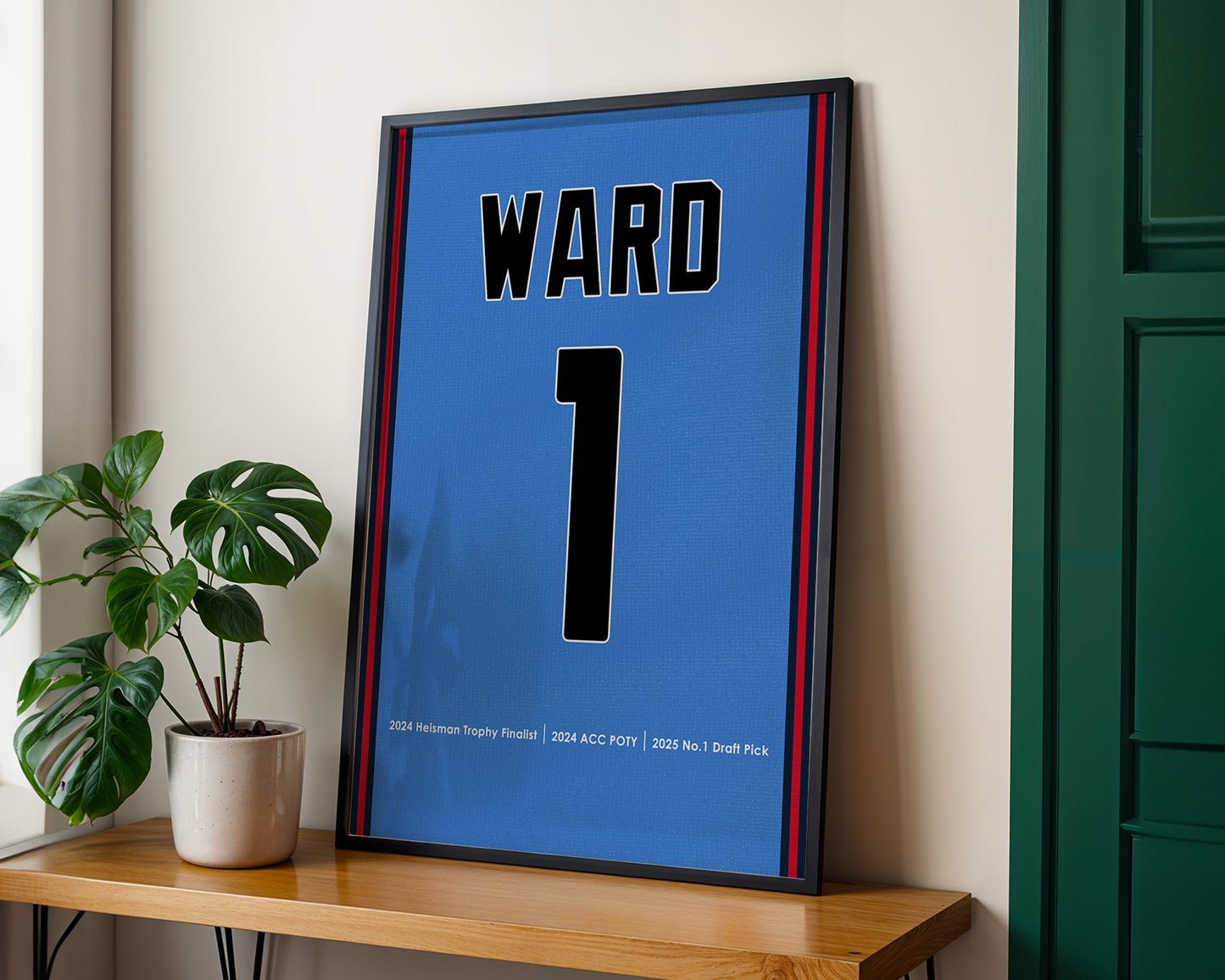 Framed sports jersey with 'WARD' and number '1' on a wooden shelf.