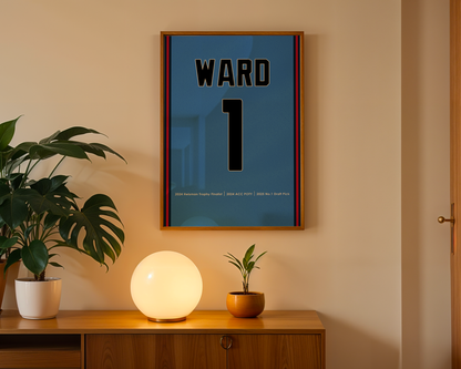 Framed artwork with 'WARD 1' on a wall above a wooden cabinet with decorative items.
