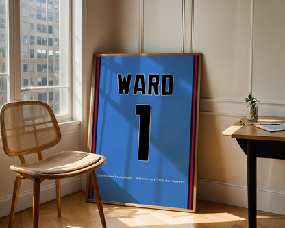 Framed sports jersey with 'WARD 1' on a wall next to a window
