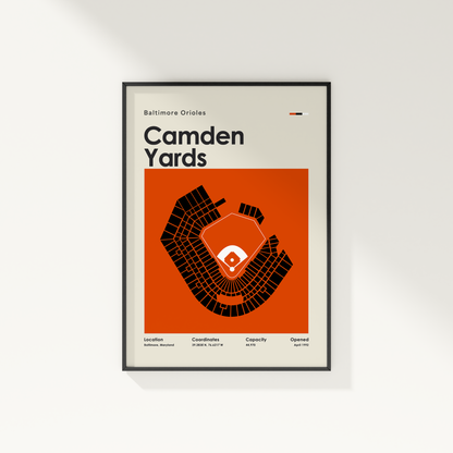 Framed poster of Camden Yards layout with Baltimore Orioles branding on a white wall.