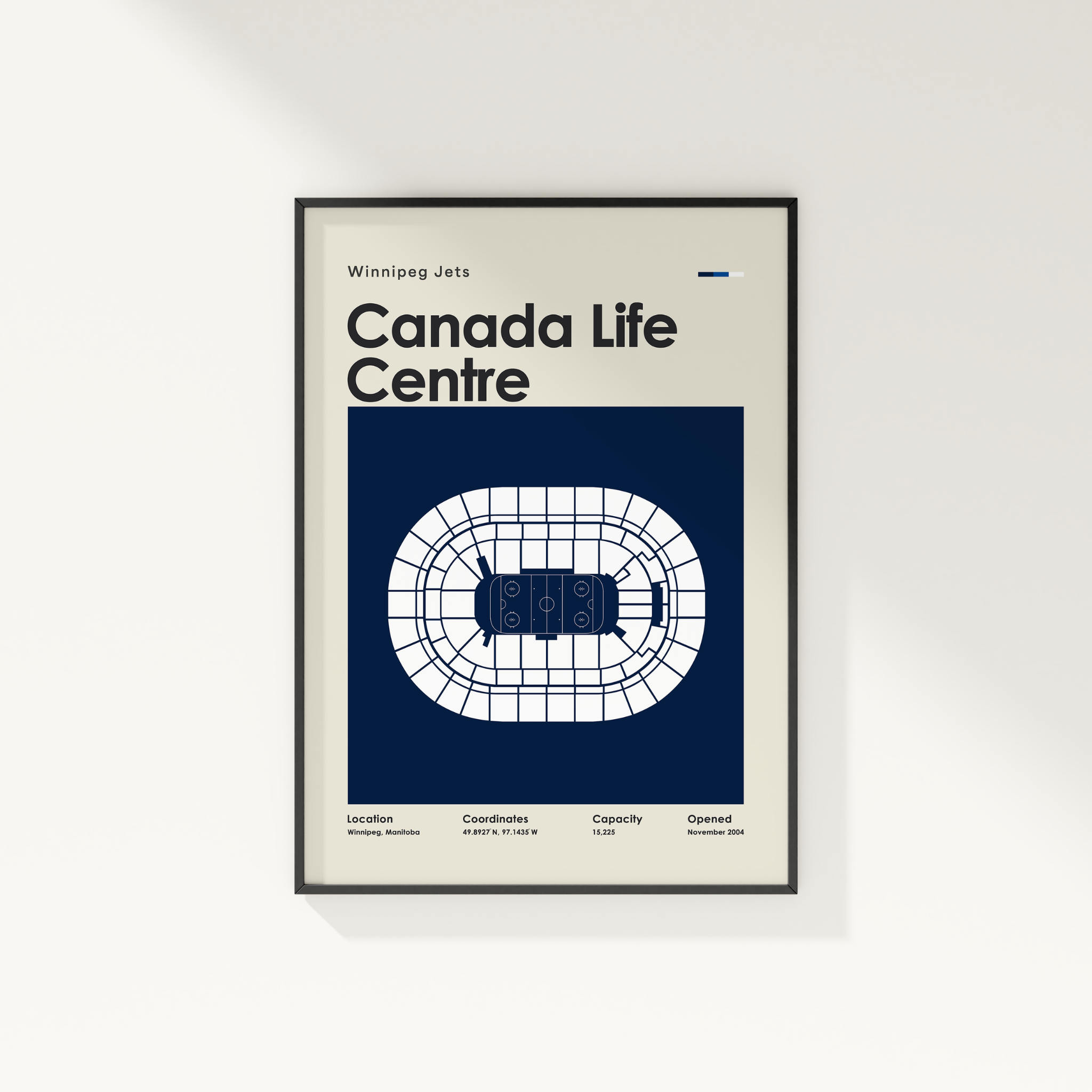 Framed poster of Canada Life Centre with Winnipeg Jets branding on a white wall.