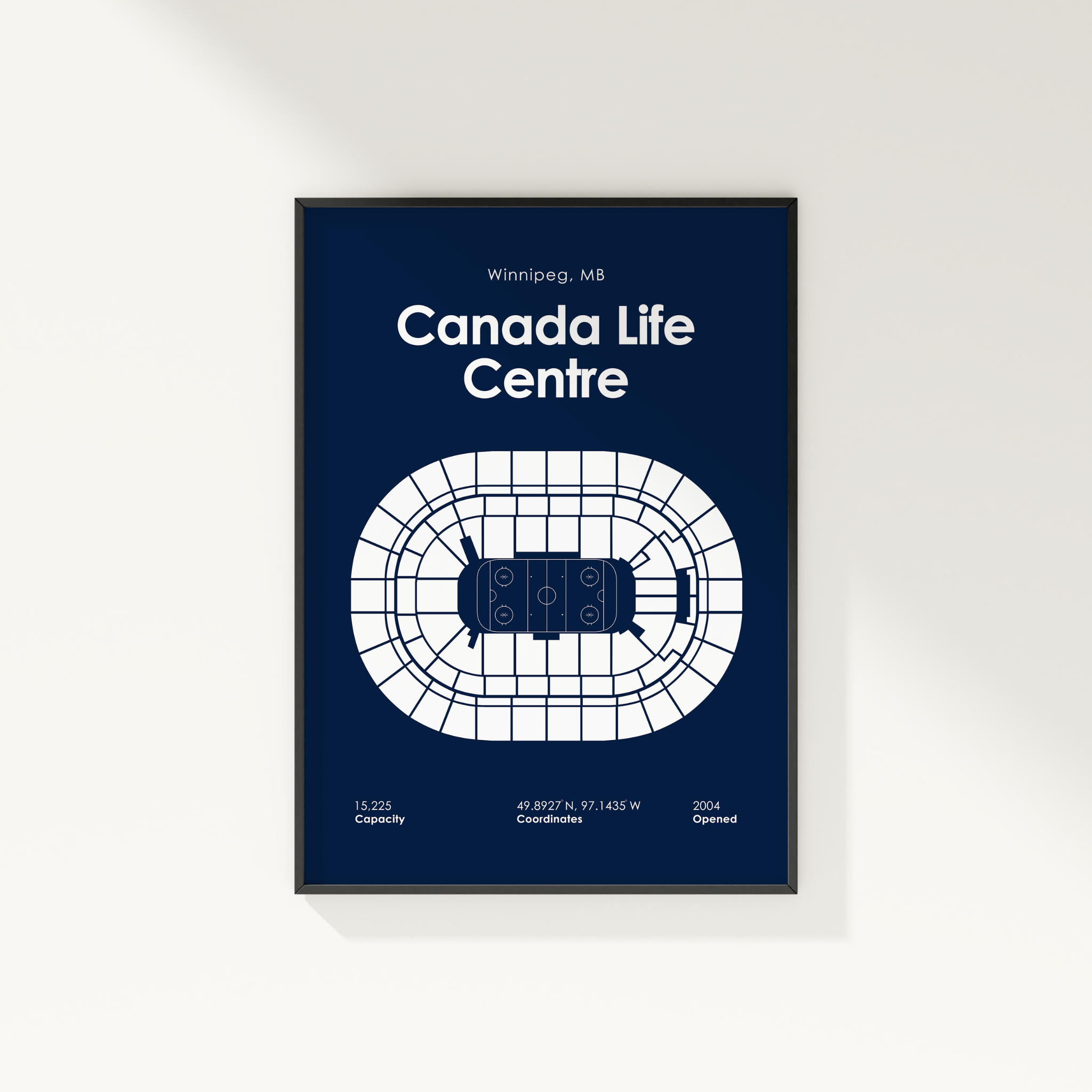 Framed poster of Canada Life Centre layout on a white background