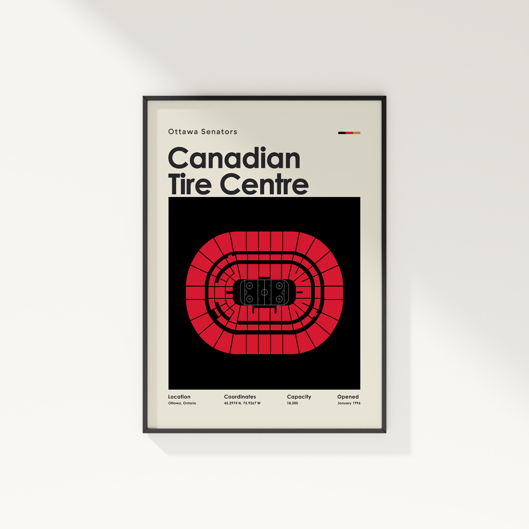 Framed poster of the Canadian Tire Centre with red and black design on a white background