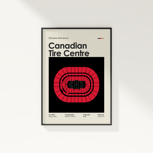 Framed poster of the Canadian Tire Centre with red and black design on a white background