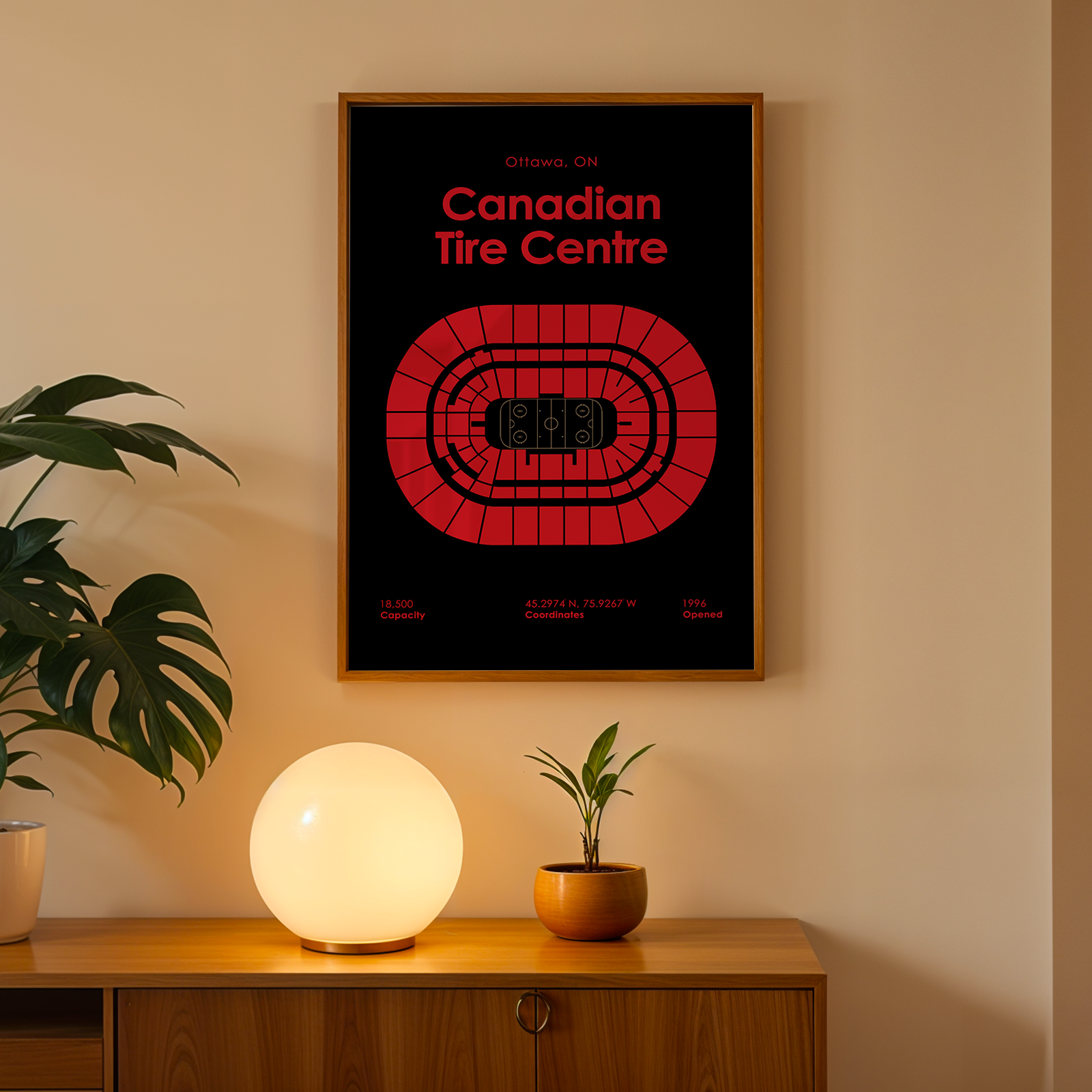 Framed poster of 'Canadian Tire Centre' on a wall with a lamp and plant below.
