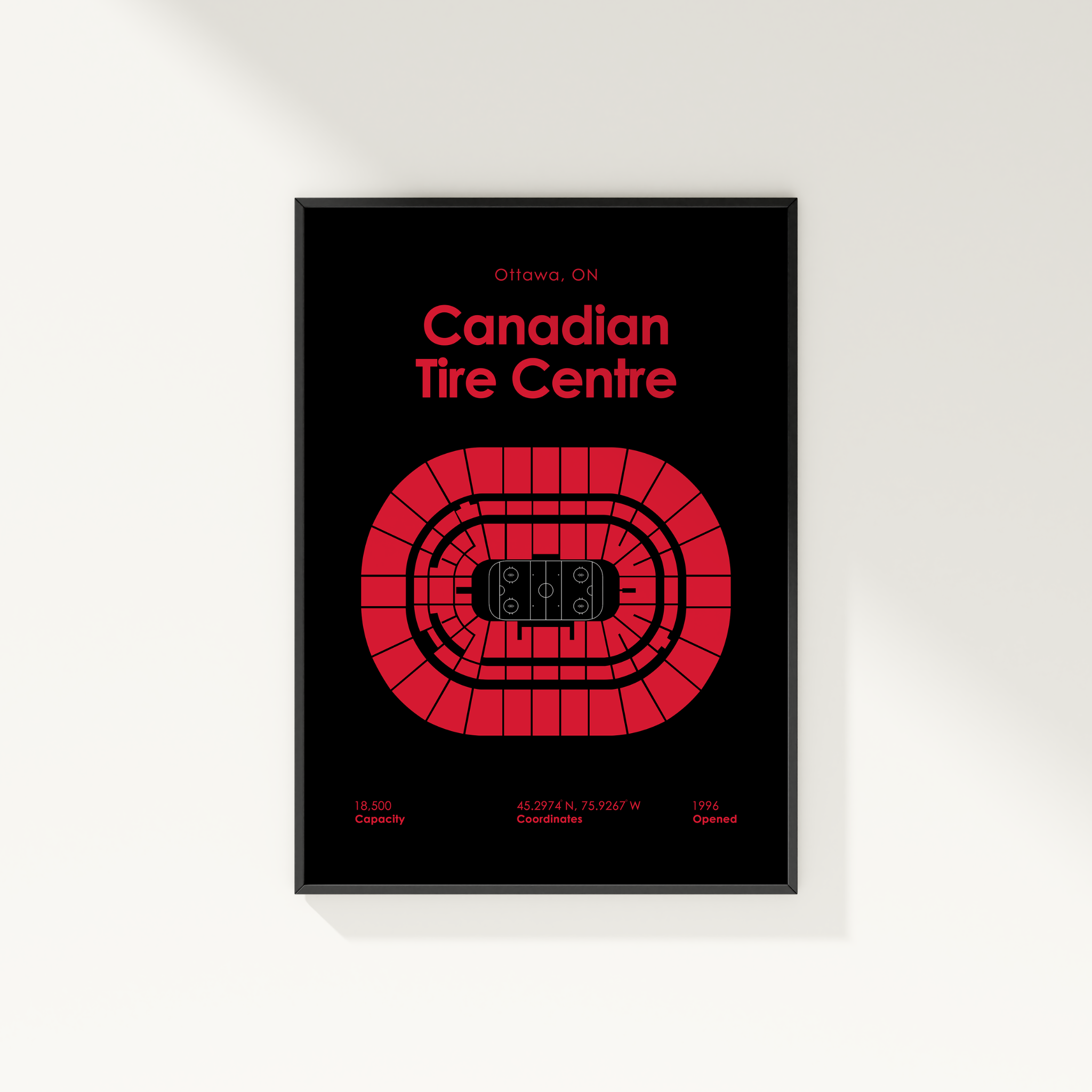 Framed poster of Canadian Tire Centre with red text and logo on a black background