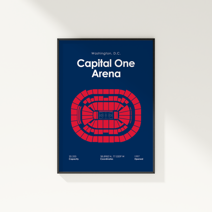 Framed poster of Capital One Arena layout with red seating diagram on a blue background