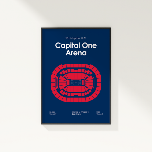 Framed poster of Capital One Arena layout with red seating diagram on a blue background