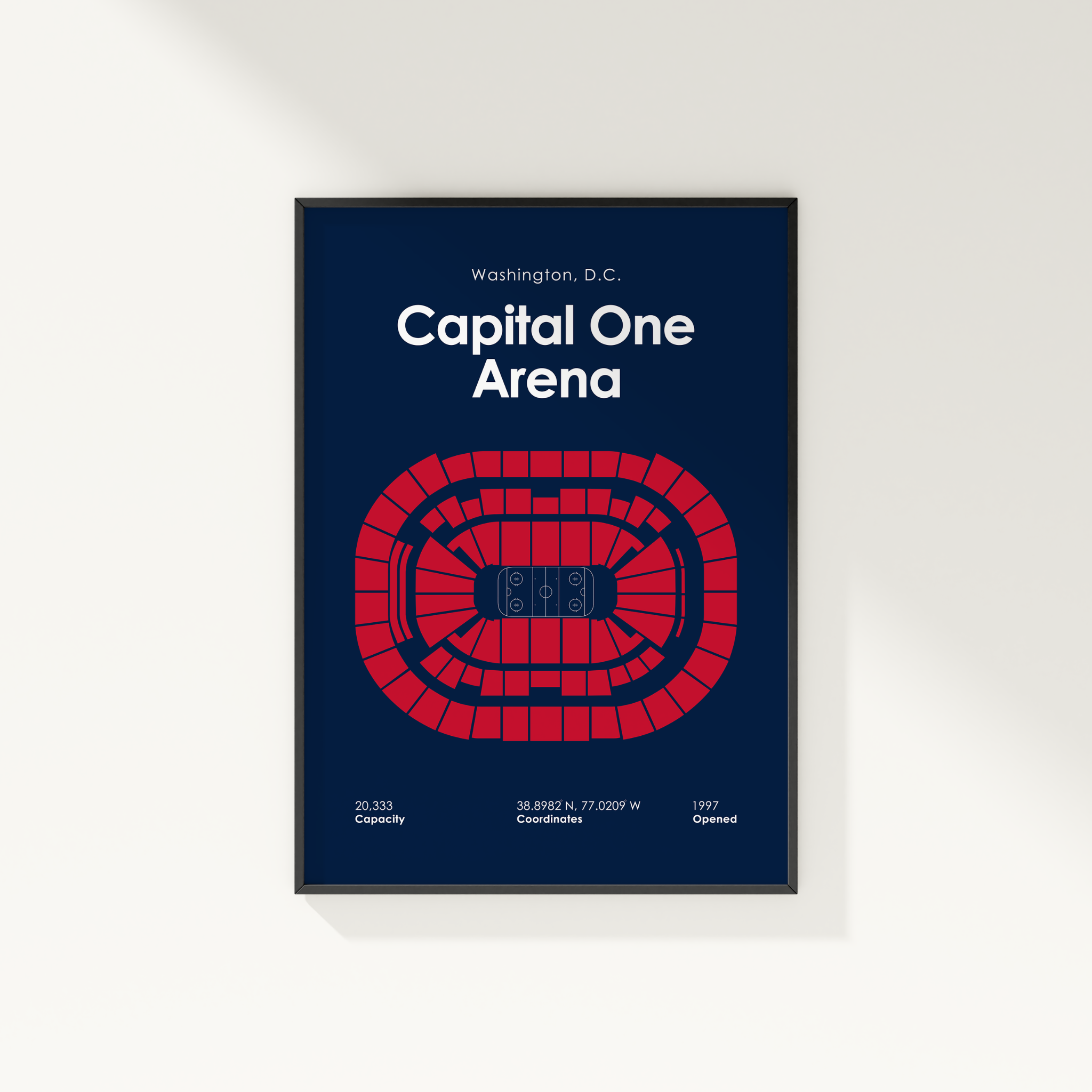 Framed poster of Capital One Arena in Washington, D.C. with seating chart illustration.