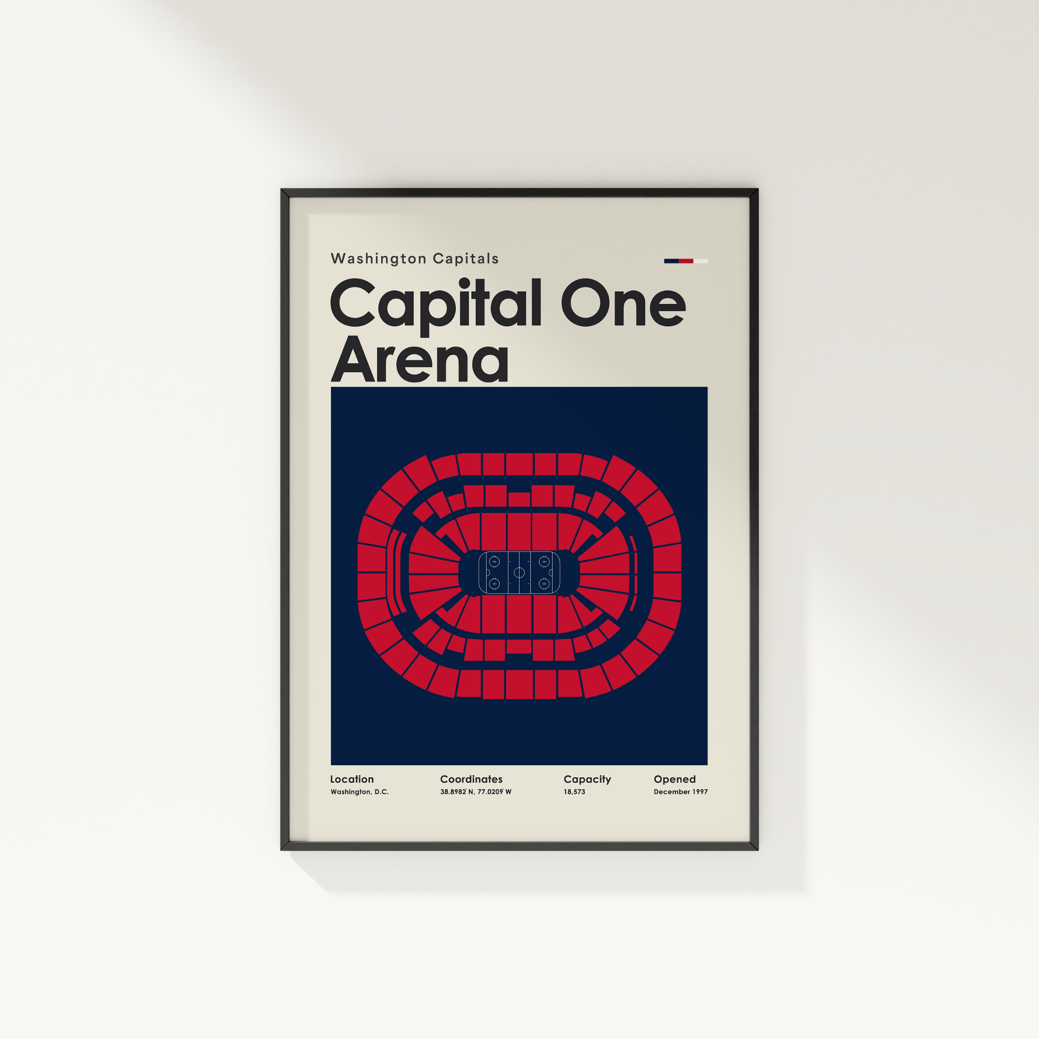 Framed poster of Capital One Arena with Washington Capitals branding on a white wall.