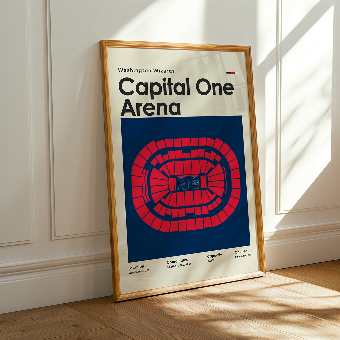 Framed poster of Capital One Arena with wooden frame on a light-colored wall.