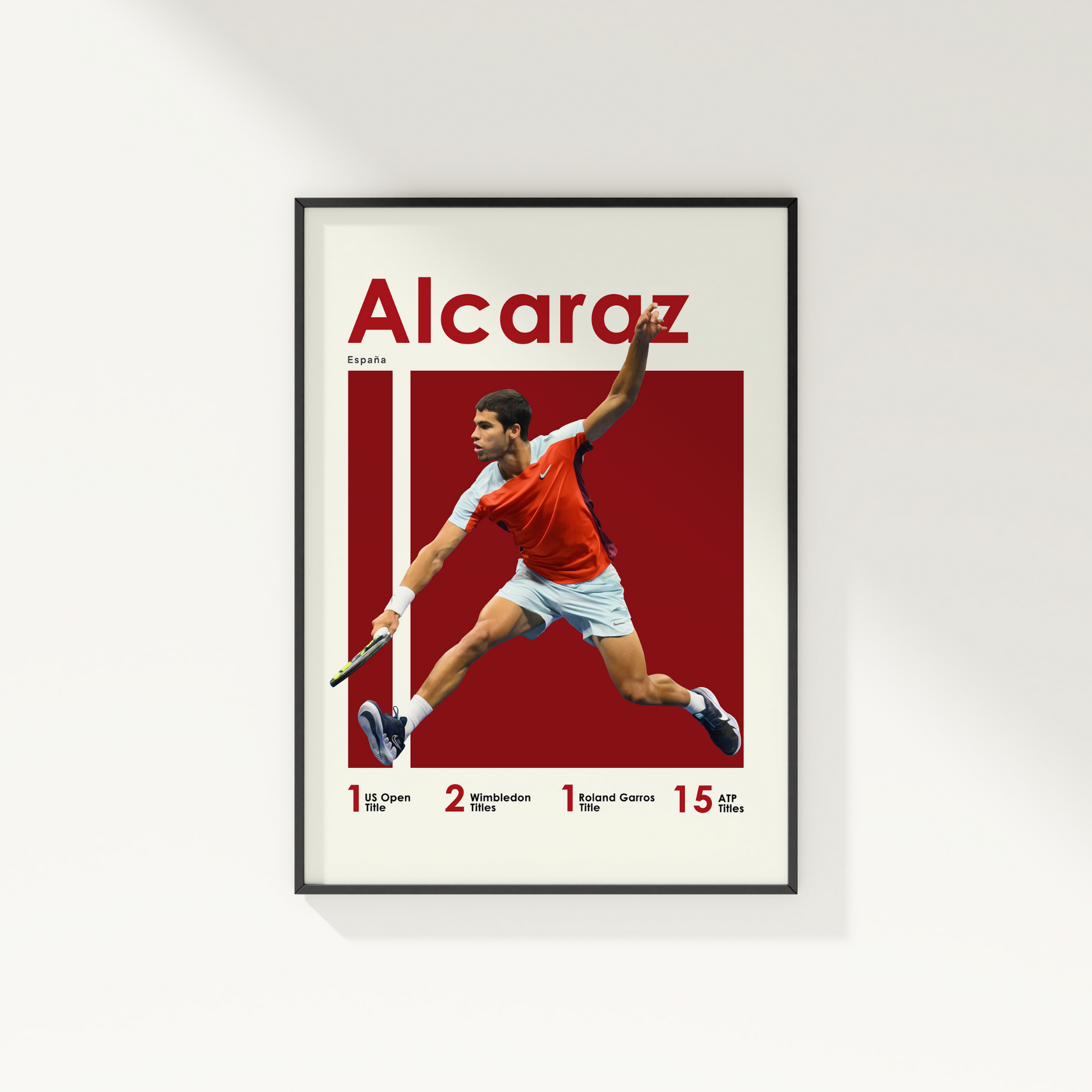 framed poster mockup of tennis player carlos alcaraz hanging on a white wall