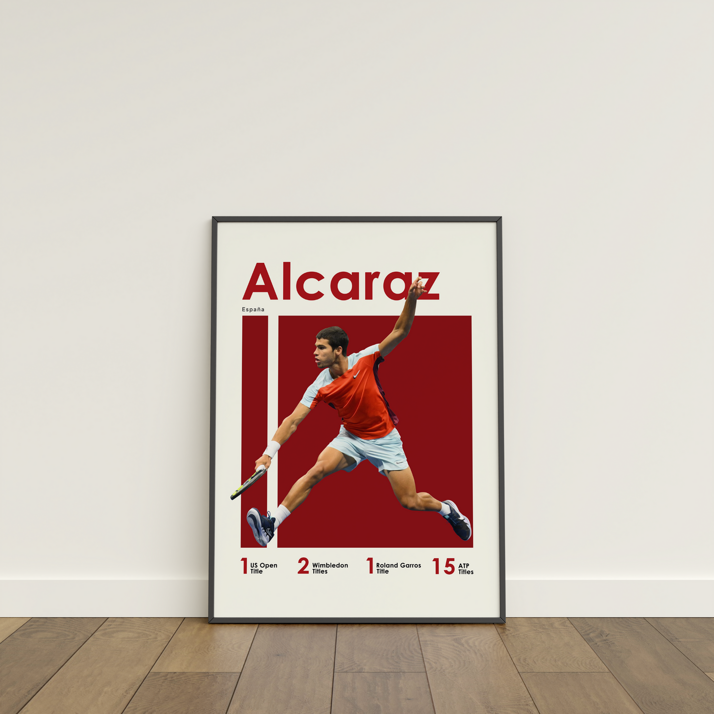 framed poster mockup of tennis player carlos alcaraz leaning on a white wall