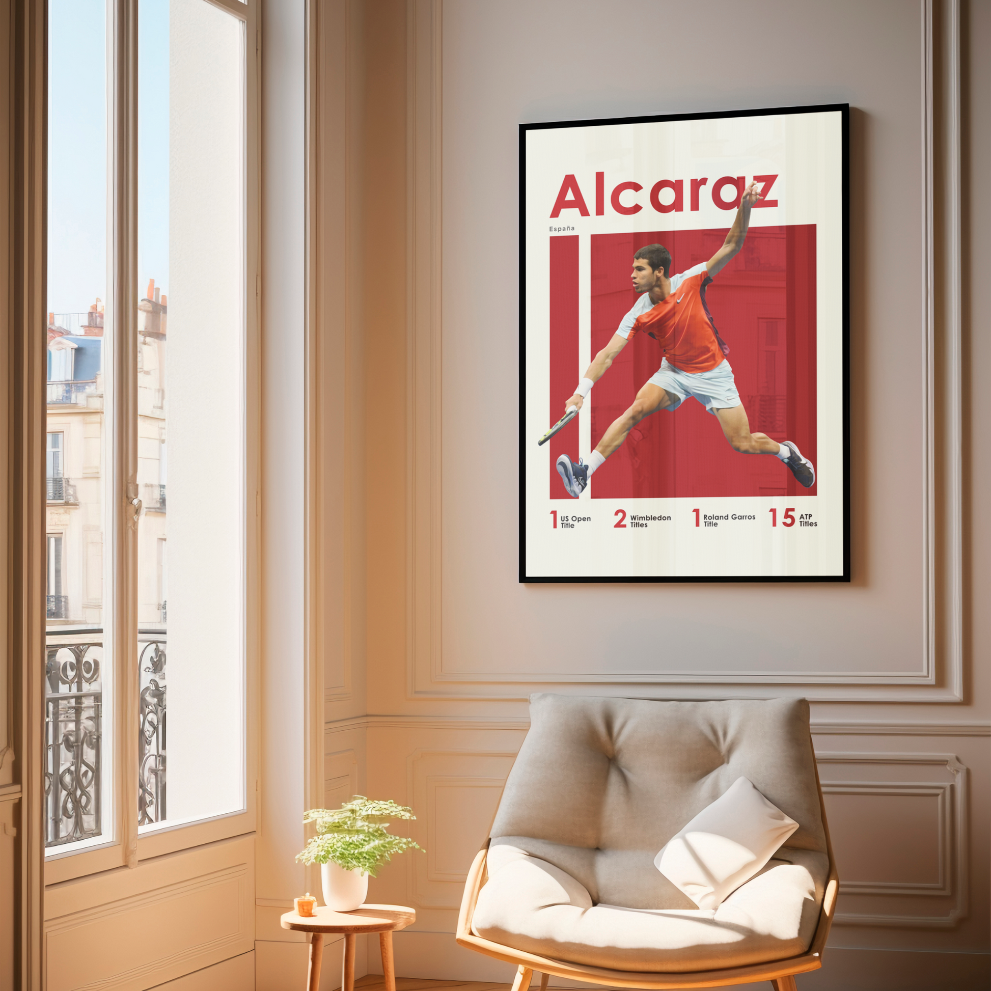 framed poster mockup of tennis player carlos alcaraz hanging in a living room