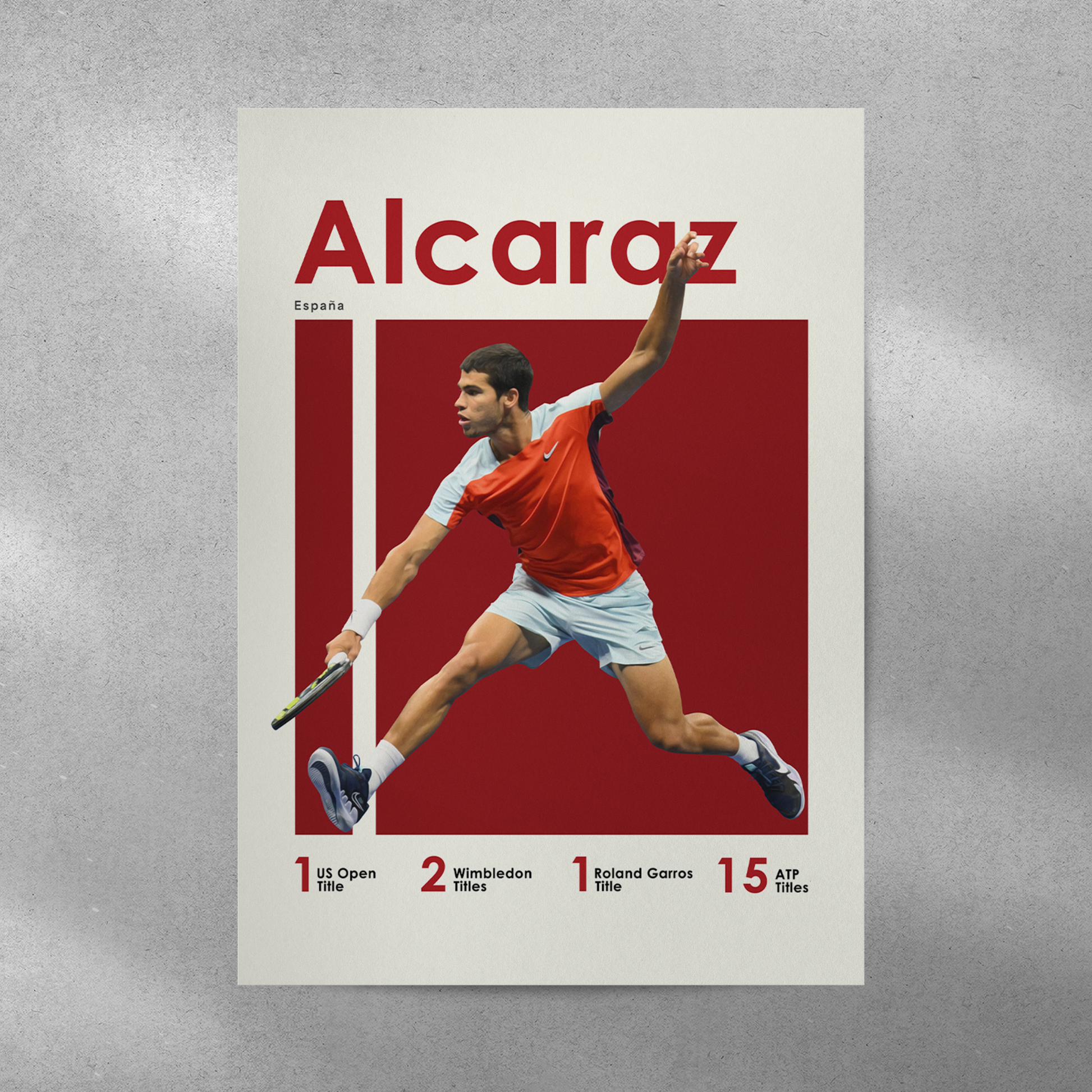 poster mockup of tennis player carlos alcaraz on a grey wall