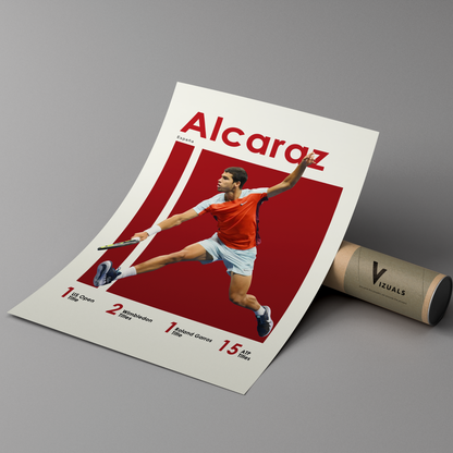 poster mockup of tennis player carlos alcaraz leaning on a protective cardboard tube