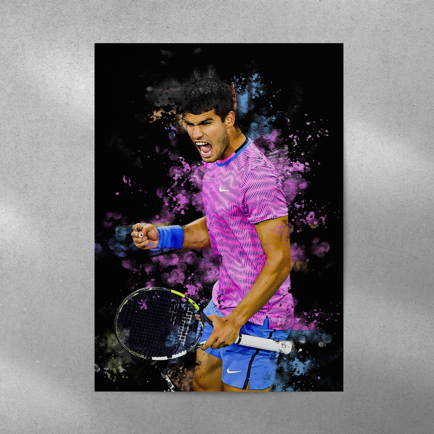 poster mockup of tennis player carlos alcaraz on a grey wall