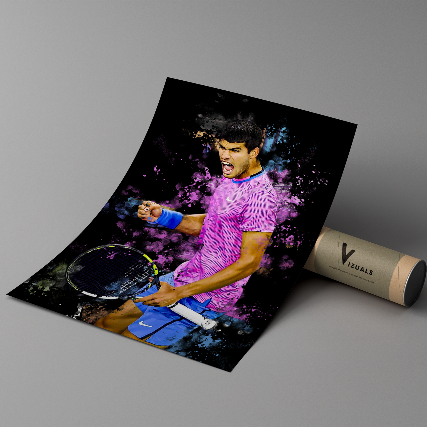 poster mockup of tennis player carlos alcaraz leaning on a protective cardboard tube