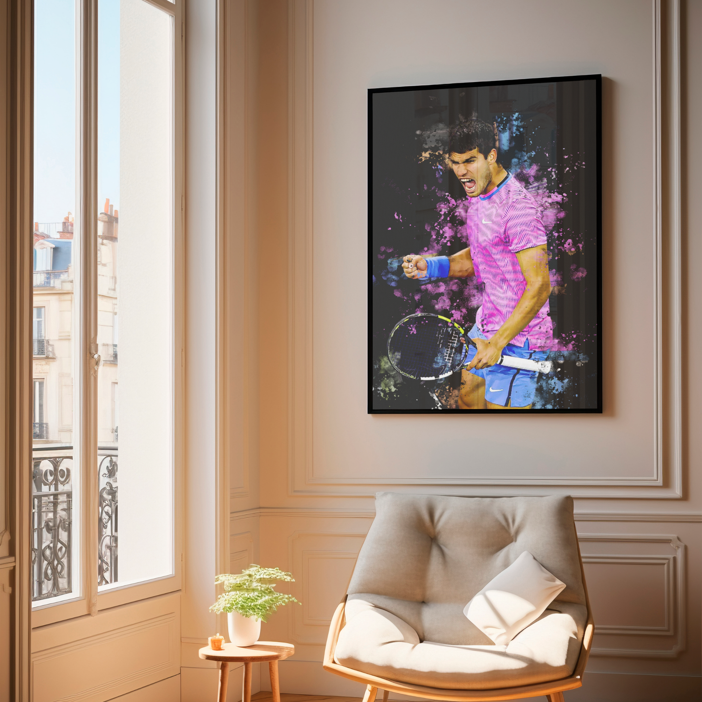 framed poster mockup of tennis player carlos alcaraz hanging in a living room