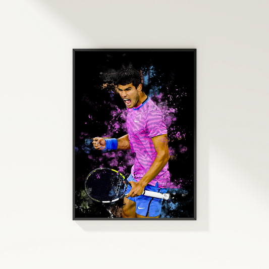 framed poster mockup of tennis player carlos alcaraz hanging on a white wall